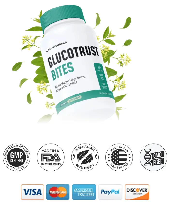 GlucoTrust Bites one bottle plus credit cards and certifications